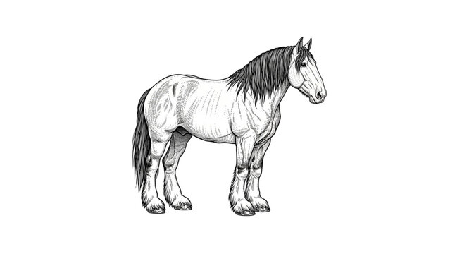 Black and White Clydesdale Horse Illustration &ndash; Heavy Draft Horse Line Art