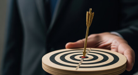 Golden Arrow Hitting Center Wooden Target Business Achievement Goal Focus Strategy Success Aiming Solution Professional Expertise Growth Opportunity Development