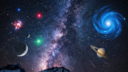Celestial panorama showcasing a vibrant milky way, planets, and distant galaxies with ethereal