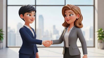 Cartoon businesswomen reach agreement with handshake in light filled office space