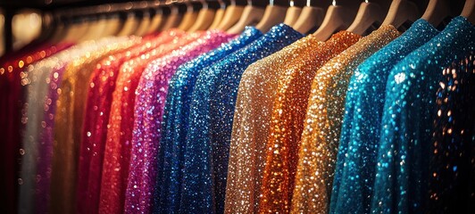 Row of sparkling sequined dresses on wooden hangers in vibrant rainbow hues, glamorous festive eveningwear with dazzling shimmer and bokeh lights