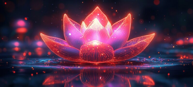 glowing neon lotus flower floating on dark water with sparkling particles and vivid pink purple reflection creating a serene mystical atmosphere - Powered by Adobe