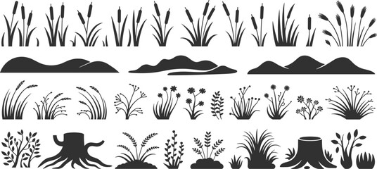 Grass and plant silhouettes collection, meadow foliage elements, wild flowers reeds bushes, nature landscape vector set isolated white background
