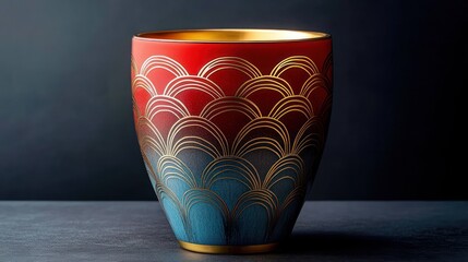 Elegant red-to-blue ceramic cup with gold scallop pattern and gilt rim on dark surface, conveying refined serene luxury