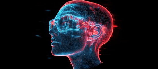 Wireframe human head profile with glowing red and blue circuitry and digital mesh ear detail against a black background, futuristic and contemplative mood