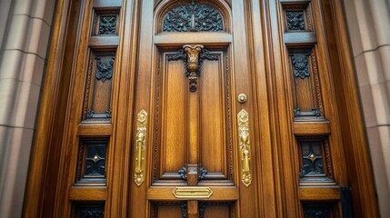 Grand carved wooden entry door with ornate brass hardware, decorative relief panels and stone surround, elegant and inviting