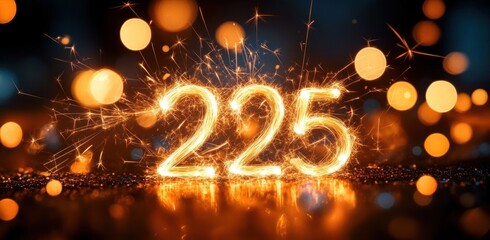 glowing sparkler numbers 225 with golden bokeh lights and flying sparks reflected on a wet surface, festive celebratory atmosphere