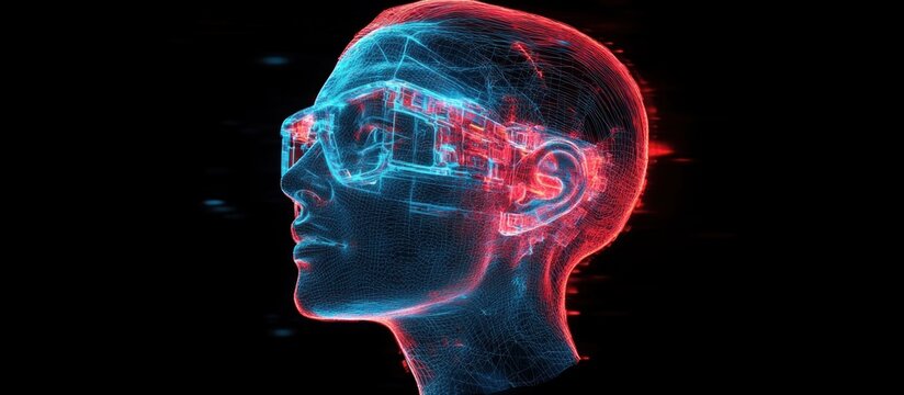 Wireframe human head profile with glowing red and blue circuitry and digital mesh ear detail against a black background, futuristic and contemplative mood - Powered by Adobe