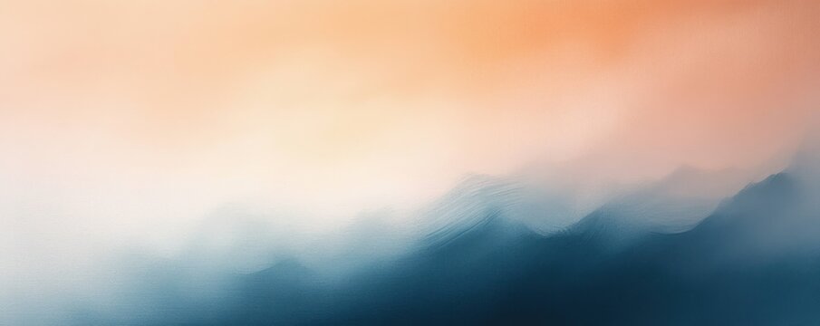 soft peach sky fading into deep blue with misty layered mountain silhouettes and a gentle blurred horizon, calm serene and dreamy atmosphere - Powered by Adobe