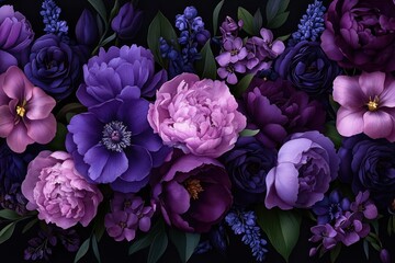 lush close-up bouquet of purple and pink flowers with green leaves on a dark moody background, elegant romantic and mysterious