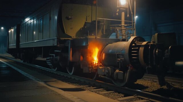 A dramatic cinematic shot captures a massive locomotive malfunctioning, with bright orange flames erupting from the damaged traction motor assembly inside a dark railway tunnel.