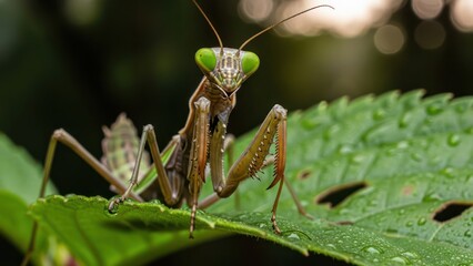 Intricate Close-up of a Praying Mantis on a Dew-Kissed Leaf, Capturing Nature's Detail