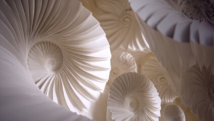 Intricate, layered forms of pleated paper create a mesmerizing, abstract architectural design.