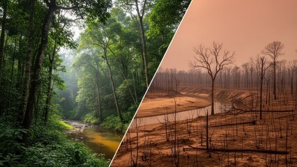 Juxtaposition of flourishing forest and devastated landscape, illustrating environmental contrasts