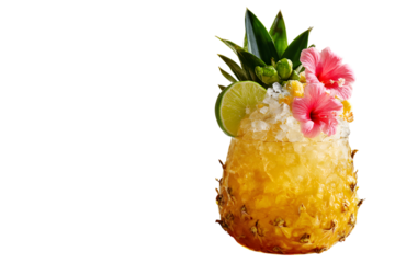 Tropical pineapple cocktail with lime and hibiscus isolated on white background