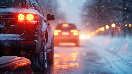 rear view of a snow covered car on an icy road with glowing taillights, a blurred car ahead and warm street lights in falling snow, evoking cold cautious evening driving