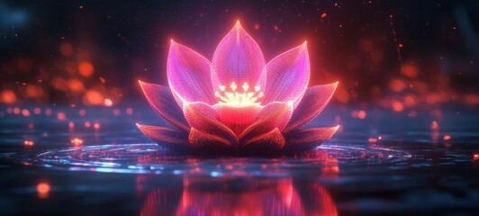 glowing neon lotus flower floating on calm water with ripples and luminous reflection, sparkling particles and warm bokeh creating a serene mystical atmosphere