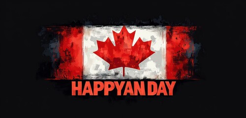 grunge canadian flag with red maple leaf and weathered stripes on a black background, bold distressed lettering reading happyan day, festive patriotic and celebratory mood
