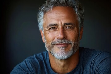 Middle-aged man with salt-and-pepper hair and light stubble wearing a blue t-shirt, seated against a dark background conveying a calm, contemplative mood