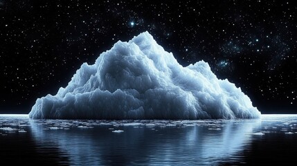 Ethereal luminous iceberg rising like a cloud island beneath a starry night sky, mirrored on calm reflective water, evoking serene mystery