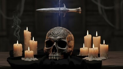Ritualistic arrangement featuring ornate skull, candles, and ceremonial dagger symbolizing dark arts