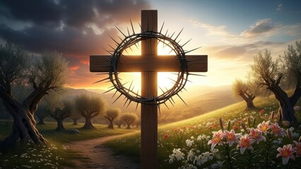 Serene depiction of a wooden cross with a crown of thorns amidst tranquil meadow