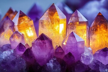 close-up of glowing purple and golden crystal cluster with faceted points and warm luminous glow, evoking calm and wonder
