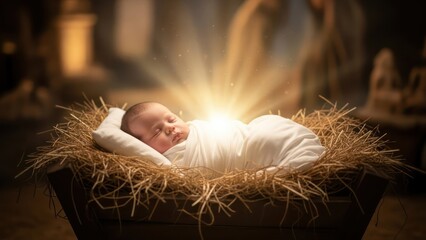Serene slumber of a newborn baby in a rustic manger with radiant light glowing around it