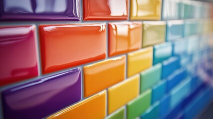 Close-up of glossy colorful rectangular wall tiles in a rainbow gradient reflecting light with a vibrant, cheerful, playful mood