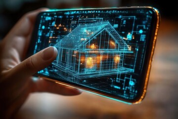 hand holding smartphone with finger touching glowing holographic 3d wireframe house model with warm interior lights, futuristic augmented reality interaction and sense of wonder