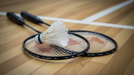 Still life capturing a badminton shuttlecock perched on rackets highlighting sports equipment