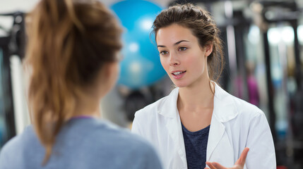 A fitness professional consults a client in a gym, emphasizing personalized training and wellness.
