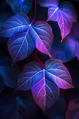 Fototapeta premium Glowing blue and purple heart-shaped leaves with luminous veins, ethereal close-up conveying a magical tranquil mood