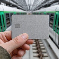 Hand holds a blank, grey card in front of a blurred train station