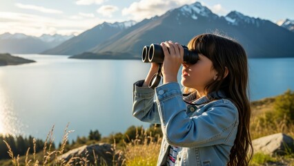 Young explorer observing the scenic mountain landscape with powerful binoculars