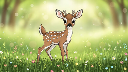 Adorable cartoon baby deer standing in a vibrant green meadow with colorful wildflowers and sunny bokeh.