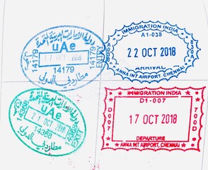 Passport immigration stamps. Travel holiday background.
