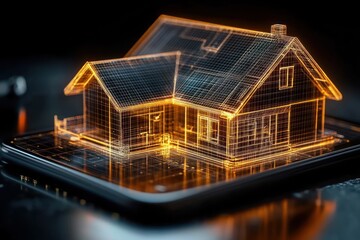 glowing orange wireframe house hologram projected above a tablet, futuristic digital architectural model and smart home visualization