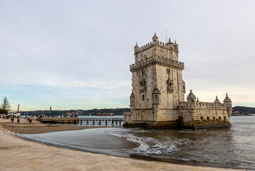 Public Park with Belem Tower on the Tagus River in the city of Lisbon in Portugal PRT
