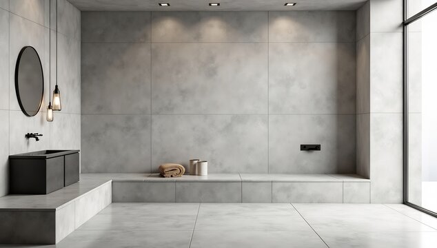 Minimalist concrete bathroom with black fixtures oval mirror pendant lights and a large window