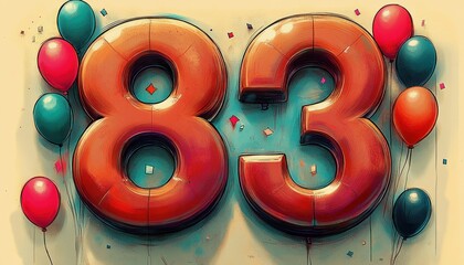large glossy orange number eighty three with red and teal balloons and scattered confetti on a cream and teal background, festive joyful celebratory mood