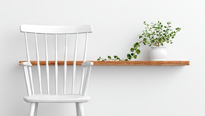 A simple, white rocking chair sits beside a wooden shelf holding a small pot of greenery, showcasing a peaceful and minimalist aesthetic.