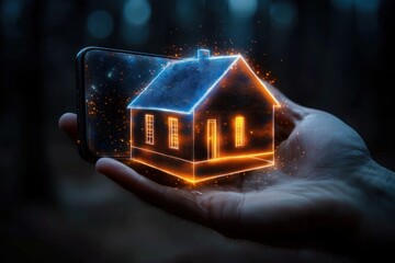 hand holding smartphone projecting glowing holographic wireframe house above an open palm, neon blue and orange sparks conveying futuristic wonder and innovation