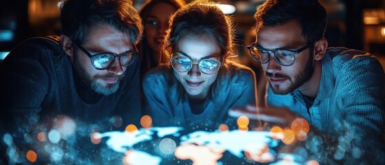 three colleagues leaning over a glowing holographic world map on an interactive table, focused and collaborative in a warm high-tech workspace