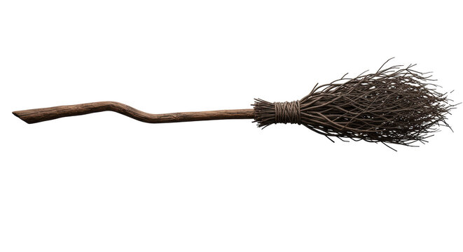 An ancient witch's broomstick with a dark mahogany handle floating horizontally on a white studio background with copy space. Concept of halloween magic