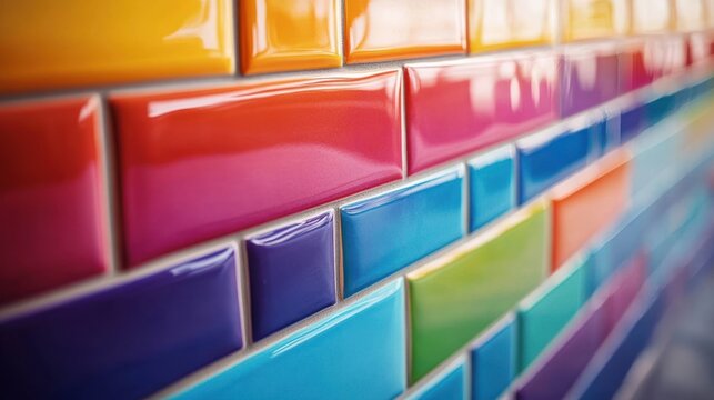 Close-up of glossy multicolored rectangular subway tiles on a wall, vibrant rainbow ceramic pattern conveying cheerful playful energy