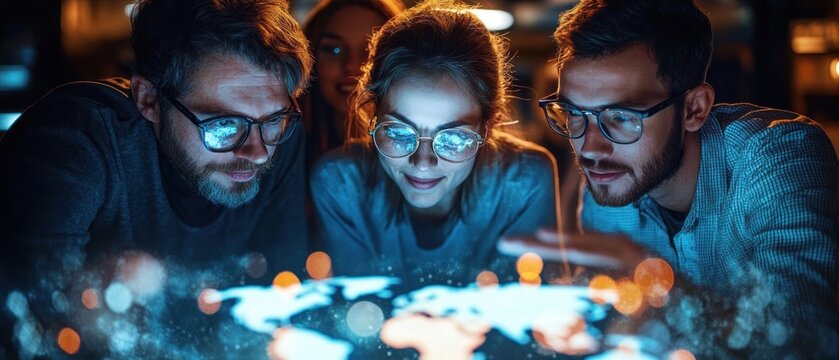 three colleagues leaning over a glowing holographic world map on an interactive table, focused and collaborative in a warm high-tech workspace - Powered by Adobe