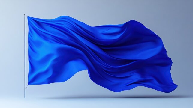 Single cobalt blue flag on a pole with flowing silk-like folds, gracefully waving in the wind against a soft neutral background, calm and elegant motion
