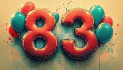 Giant glossy metallic number balloons forming 83 surrounded by teal and coral round balloons with paint splatter background, festive playful celebratory mood