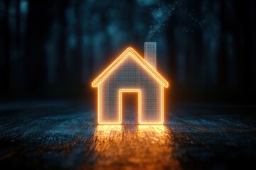 glowing orange neon house outline with chimney emitting smoke on a reflective wooden surface in a dark forest, cozy mysterious futuristic atmosphere